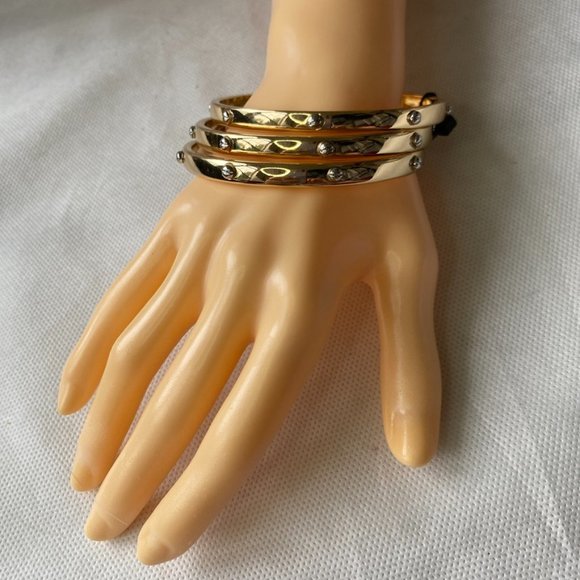 White House Black Market Stack of 3 Golden Bangles with Crystal Accents - Picture 8 of 10